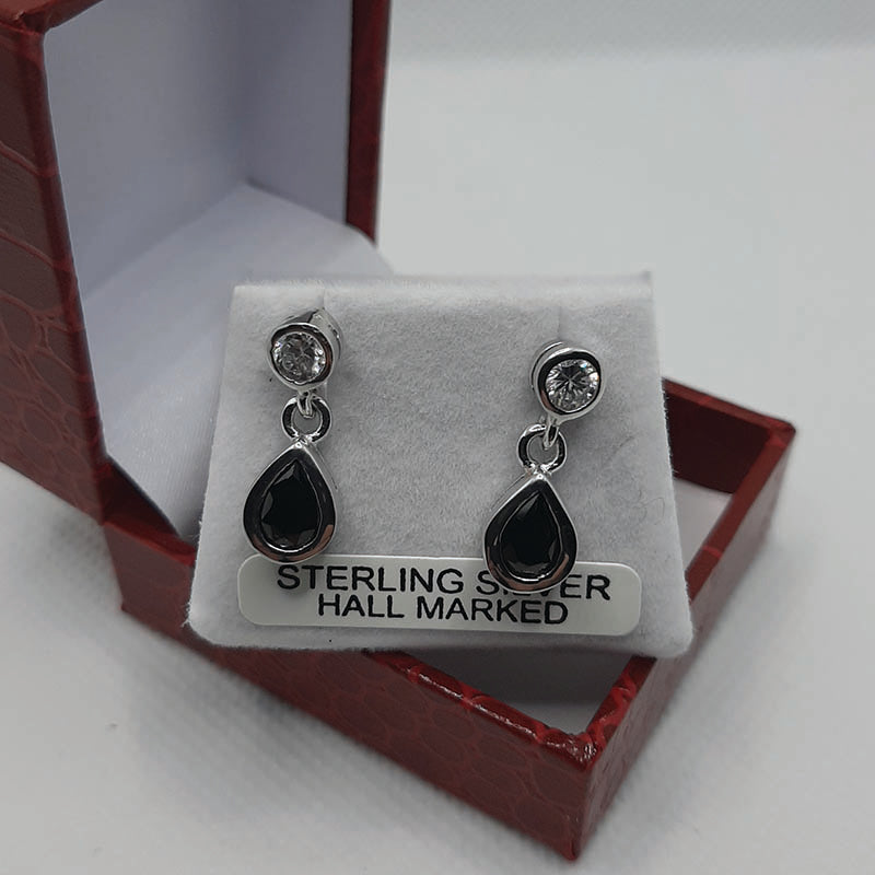 Sterling Silver Black C/z Drop Earrings